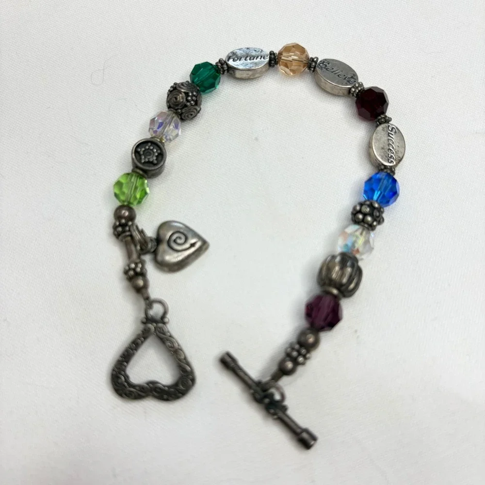 Vintage Sterling Silver Charm Bracelet Multicolor Beads Heart Toggle Boho
